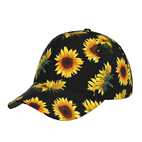 Casquette de baseball amusante avec imprimé dauphin - Casquette de voyage réglable - Pour homme, femme, garçon et fille, Tournesol Fleurs Fleurs Plantes Noir et Jaune, taille unique Cover