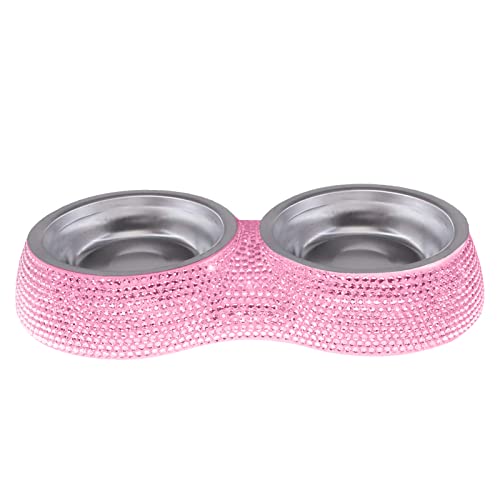 Ciotola per cani doppia, con strass, con base in silicone antiscivolo, in acciaio inox, ciotola in melamina, per cani e gatti, 2 x 160 ml