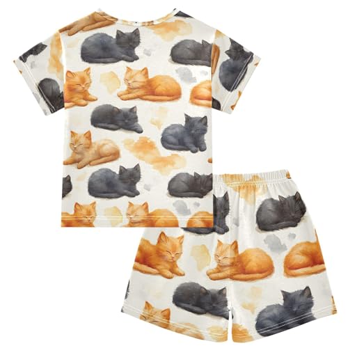 ALAZA Sleeping Cat Kitten Pajamas Set Short Sleeve Cotton Sleepwear Summer Pjs 2 Piece 5-14Y2