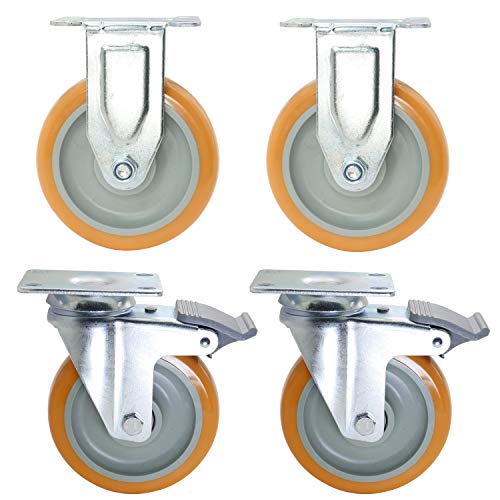 Dr.Luck 5 Inch Combo Caster Set -2 Rigid & 2 Swivel w/Dual Lock Casters, Extra Hard PU Double Ball Bearing Wheel Heavy Duty Caster Set Total Capacity 1200Lbs (2 Rigid & 2 Swivel w/Double Lock)