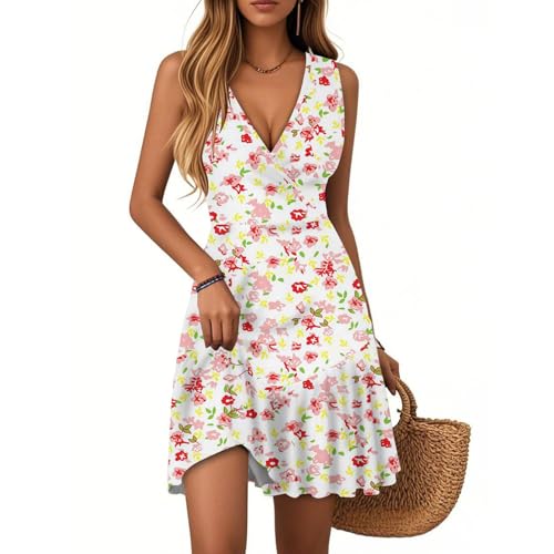 Strandkleider kurz Damen Kleider Sommer Ärmellos Strandkleid V-Ausschnitt Blumenmuster Rüschen Swing Sommerkleid Hohe Taille Sexy Festlich...