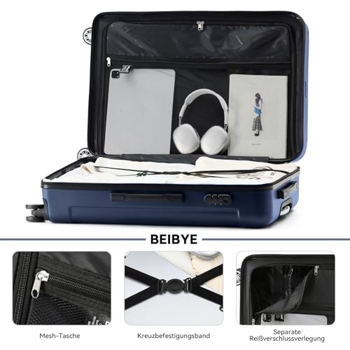 BEIBYE Hartschalen-Koffer Trolley Rollkoffer Reisekoffer Sicherheit Zahlenschloß Zwillingsrolle ABS Material Handgepäck 4 Rollen (M-L-XL-Set) (Dunkelblau, M)