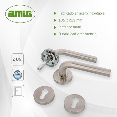 Miniatura 3 de Amig - Juego De Manillas Con Roseta Para Puertas - Mod. 4rbx - 135 X Ø19 Mm - Cuadradillo De 8 Mm - Diseño Elegante Y Sencillo - Acero Inoxidable Plateado Mate