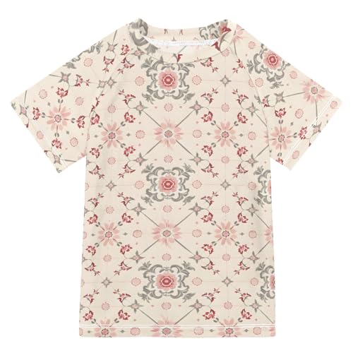 ALAZA Kids Rash Guard Boys Toddler Swim Shirts Short Sleeve Off-White Floral Print UPF 50+ 3T