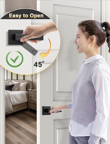 Image of Tinewa 1 Pack Square Privacy Door Levers Locksets in Matte Black Finish, Bed /Bath Door Levers Keyless Interior Handles,Reversible for Left Right Handed Doors