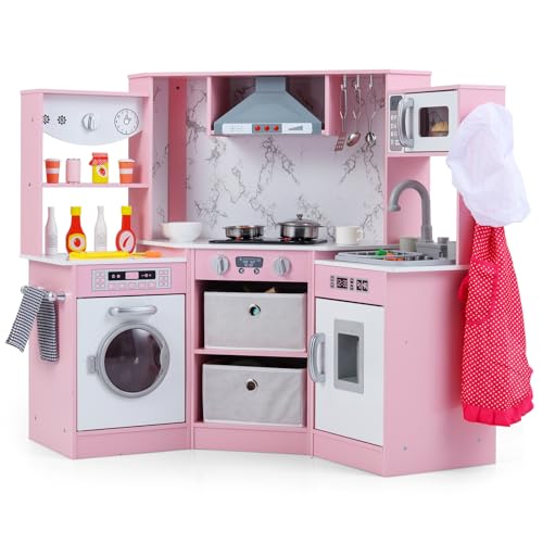 GOPLUS Cocina de Juguete de Esquina, Cocinita Infantil con Luces y Sonidos, Sistema de Circulación de Agua, Lavadora y Accesorios, Cocinita de Madera con Almacenamiento para Niños de 3+ (Rosa)
