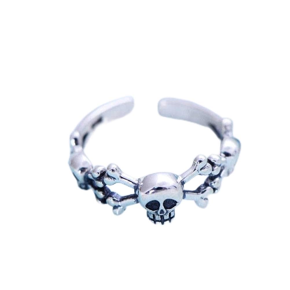 WEISHA Anillo retro de plata de ley 925 con cabeza de calavera ajustable para hombre