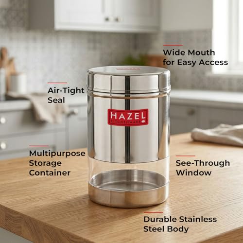 Image of HAZEL Stainless Steel Transparent Wide Mouth See Through Container, Silver, 1 PC, 600ML