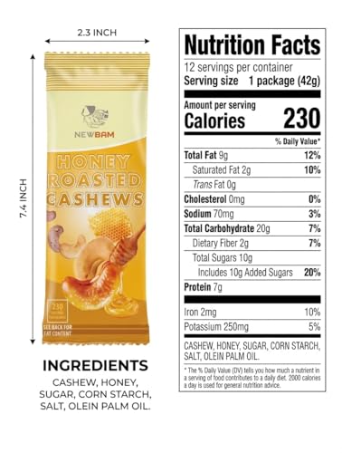 Image of NEWBAM Honey Roasted Cashews - 12 Individual Packs (1.5oz) - Real Honey | No corn syrup coating. 7g protein, Gluten-Free. From Binh Phuoc, Vietnam.