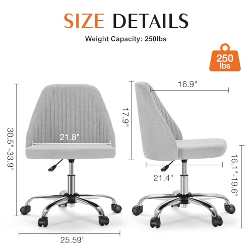 Image of Sweetcrispy Armless Vanity Chair, Cute Comfy Home Office Desk Chair with Wheels, Modern Upholstered Task Computer Seat for Bedroom, Study, Makeup Vanity, Height Adjustable & Swivel, Classic Gray