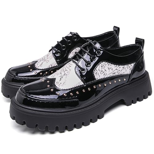 Image of Men's Patent Leather Platform Dress Shoes Classic Round Toe Thick Lug Sole Lace Up Oxfords Comfort Block Heel Derby Business Casual Shoes