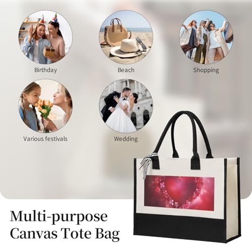 Canvas Tote Bag for Women Beach Tote Purse Reusable Grocery Bag Valentine Day Heart Flower Aesthetic Shopping Bags 7