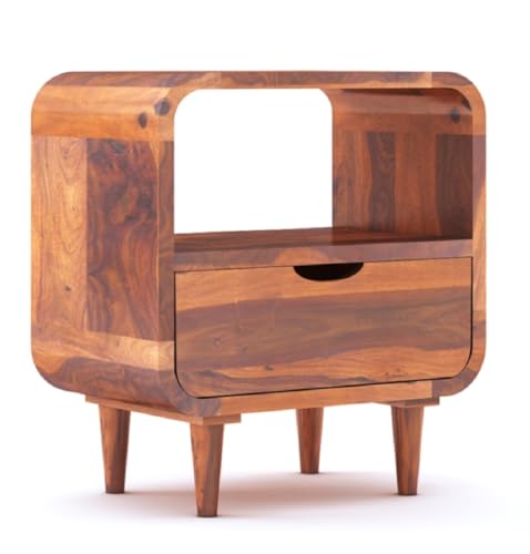 Image of Furniture Solid Sheesham Wood Bedside End Table with 1 Drawer and 1 Open Shelf Storage for Bedroom Wooden Nightstand Table Home Office (Honey Finish)