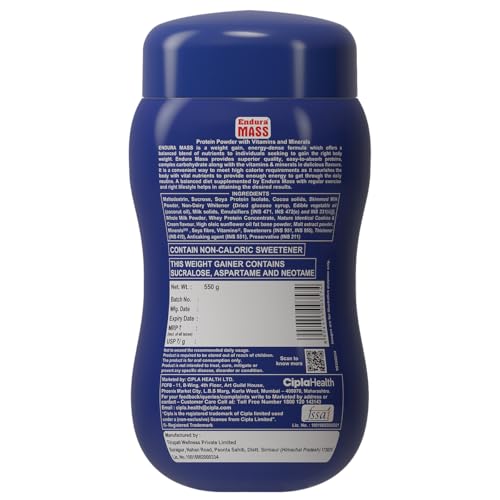 Endura Mass Weight Gainer Powder 550G Cookies & Cream | Unique Blend Of 3 Sources Of Protein, Carbs, Vitamins & Essential Minerals | Ideal For Children Above 10 Years, Men, Women & Athletes