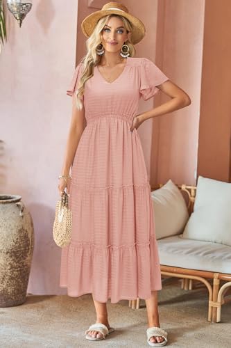 Image of VOTEPRETTY Women's 2026 Summer Boho Maxi Dresses Flutter Short Sleeve V Neck Casual Beach Wedding Guest Vacation Long Dress
