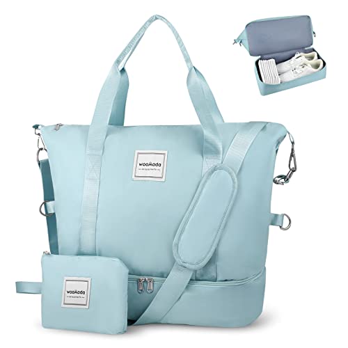 Woomada Travel Duffel Bag, Gym Bag With Wet Compartment ＆ Shoe Compartment. Overnight Bag For Women With Toiletry Bag, Carry On Duffel Bag,Sports Gym Tote Bag(Blue) #TOP24