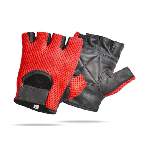 PRIME SPORTS Leather Padded Mesh Fingerless Weight Lifting Exercise Gym Wheelchair Gloves Black/Red Wlg-021 (X-Large)