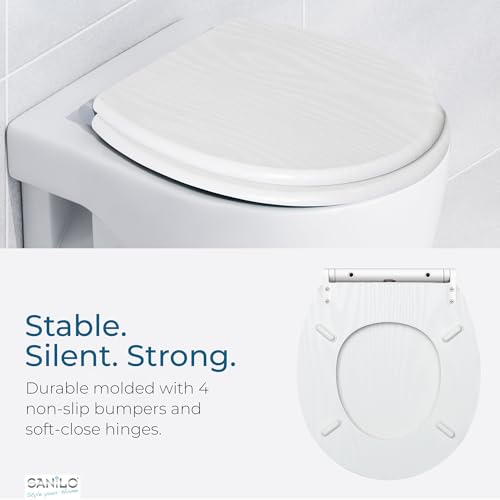 Image of Sanilo Wooden Toilet Seat with Quick Release & Soft Close [ROUND] - Decorative & Slow Close Molded Wood Seat - With One Click for Easy Installation & Cleaning - With Adjustable Fit (White Wood)