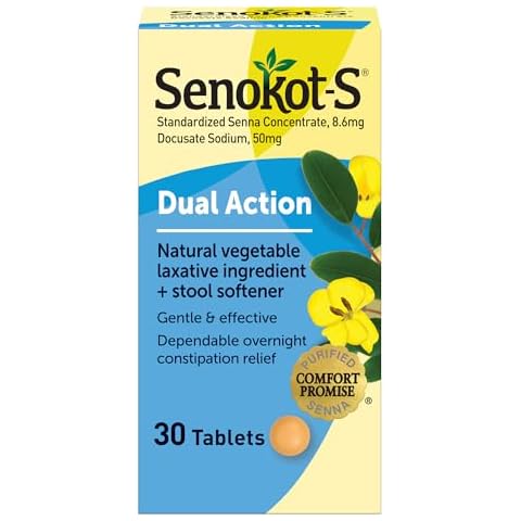 Senokot S Dual Action Natural Vegetable Laxative Ingredient Plus Stool Softener Tablets, Gentle Dependable Overnight Relief of Occasional Constipation, 30 Count Cover