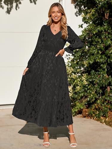Image of Simplee Womens Long Sleeve Smocked Maxi Dress Tiered V Neck Flowy Fall Wedding Guest Long Dresses with Pockets