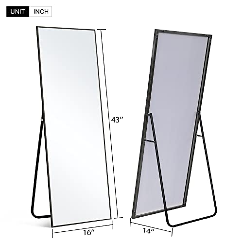 Image of NeuType 43 inchx16 inch Full Length Mirror with Standing Holder Aluminum Alloy Frame Floor Mirror Wall-Mounted Mirror for Living Room, Bedroom, Hanging or Leaning Against Wall, Black (with Stand)