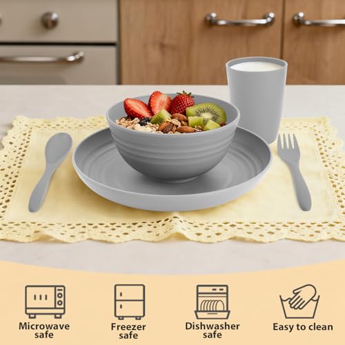 Image of Wheat Straw Dinnerware Sets, 20 PCS Service for 4, Dishwasher & Microwave Safe Kids Plates and Bowls Sets, Unbreakable Lightweight Outdoor Camping Dishes - Gray