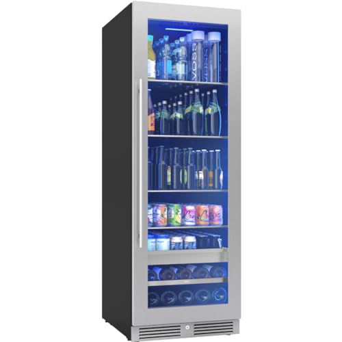 Zephyr 24 Inch Wine Fridge & Beverage Refrigerator Single Zone Full Size - Tall Wine Cooler Cellars Large Bar Drink Cabinet Freestanding with Glass Door - 266x12oz cans & 14x750 ml bottles