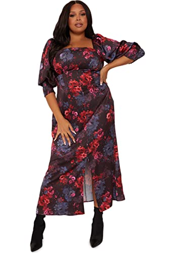 Chi Chi London Vestido Midi Floral de Manga Larga con Cuello Cuadrado en Negro cóctel, 46 Grande para Mujer
