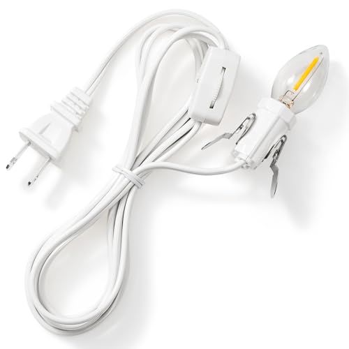 UL Listed 6 FT C7 Accessory Cord with C7 Led Light Bulb Candelabra-Base E12 Lamp Socket with Clips White Cord with On/Off Switch Plug for Christmas Village Houses Snow Village Nativity Lights