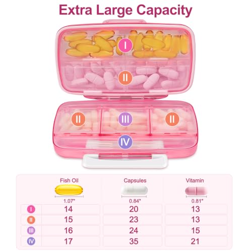 Image of Fullicon Medicine Pill Organizer with Labels, 8 Large Compartments, Travel Pill Organizer for Purse, Double Lids, Easy Open BPA-Free Case, Fish Oil, Vitamins, Capsules, Daily, Work Bag (Pink White)