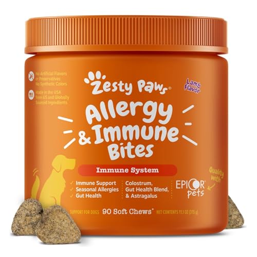 Zesty Paws Dog Allergy Relief Chews, Dog Probiotics for Itchy Skin and Ears, Lamb, 90ct