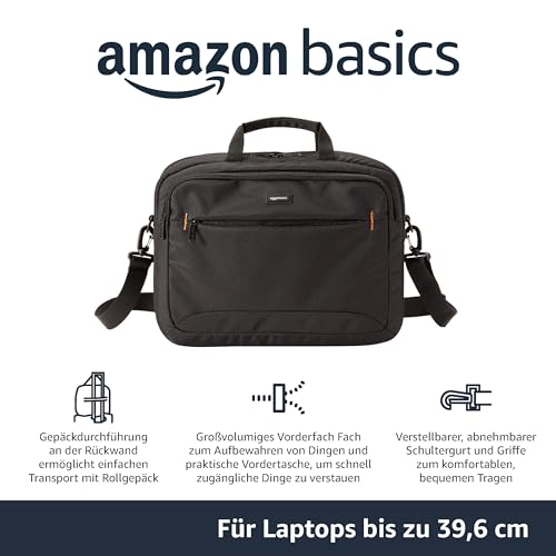 Amazon Basics kompakte Laptoptasche, Umhängetasche/Tragetasche mit Taschen zur Aufbewahrung von Zubehör, für Laptops bis zu 15,6 Zoll (39,6 cm), Schwarz, 1 Stück