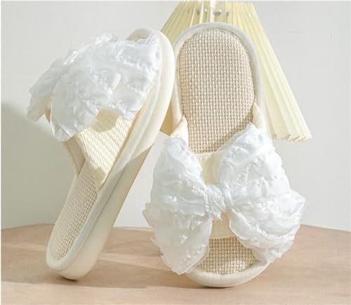 women's cute bow slippers, home linen cotton anti slip open toe home shoes, soft soled bedroom slippers2