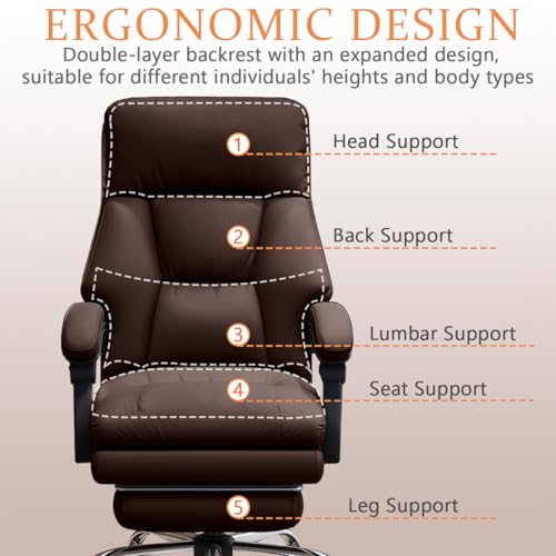 Image of Office Chair with Retractable Footrest Comfortable Executive Desk Chair, Heavy-Duty Ergonomic Leather Chair, Adjustable Height Computer Gaming Chairs for Home Office