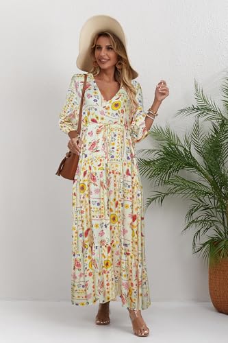 Image of Women Short Sleeve V Neck Floral Print Casual Bohemian Maxi Dresses