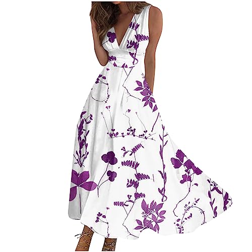 FlekmanArt Women's 6-Purple Medium Size Floral Maxi Dress with Ruched, Tulle, Sequins, Embroidery Details, V-Neck Sleeveless, Below the Knee, Adult, Vacation, Summer, Winter