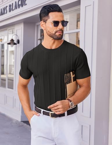 COOFANDY Mens Dress T Shirts Summer Short Sleeve Sweater Shirt Knitted Crewneck Tee Shirt Black - Image 3