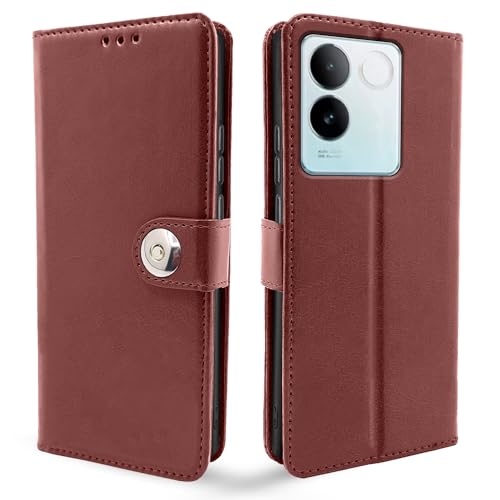 Image of Pikkme Vivo T2 pro 5G Flip Cover Leather Finish | Inside TPU with Card Pockets | Wallet Stand and Shock Proof | Complete Protection Button Flip Case (Brown)