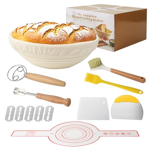 10 Stück Gärkorb Brot Set, 23 cm Gärkorb Rund,Gärkörbchen zum Brotbacken,Handgeflochtener Fermentierter Korb aus Natürlichem Rattan im, Einschließlich Teigschaber und Ölpinsel,für Brotbacken