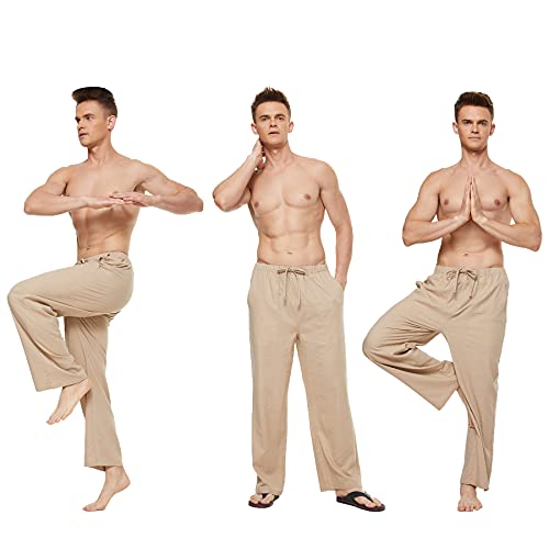 Yukaichen Men's Linen Yoga Pants Sweatpants Beach Trousers Soft Casual Pants Light Khaki X-Large #TOP4