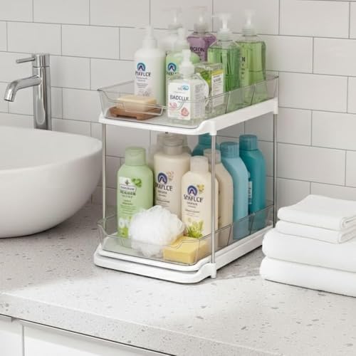 Image of Xmart India 2 Tier Under Sink Organizer, Pull Out Cabinet Storage Rack with Sliding Drawers & Hooks, Kitchen Cabinet Organizer, Bathroom Storage Shelf, Pantry & Laundry Organizer (1, Clear)