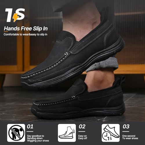 Image of Hand Free Casual Shoes for Men - Leather Slip-On Loafers with Elastic Heel & Latex Footbed - Lightweight EVA Walking Shoes