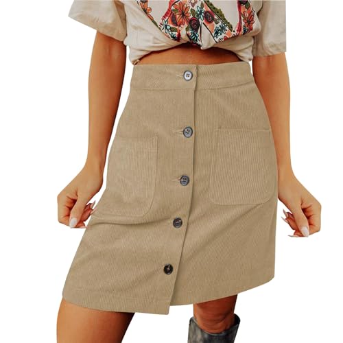 Cordrock - Falda de invierno para mujer, largo hasta la rodilla, longitud hasta la rodilla, falda midi de pana con botón en la cintura, minifalda corta para otoño, falda de lana, elegante, falda