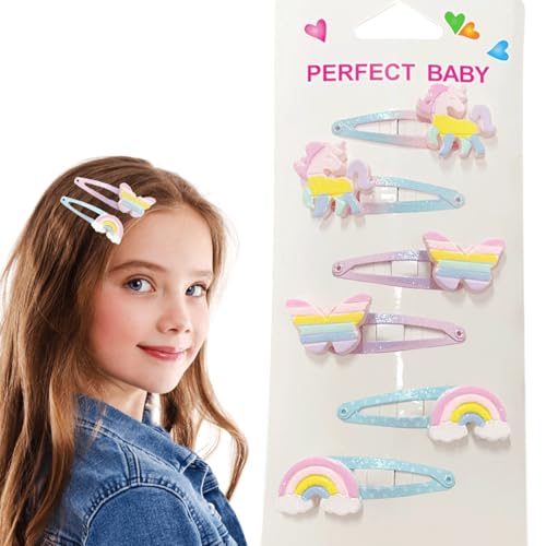 Canollo 6 Stück Haarspangen Mädchen Glitzer, Haarspangen Kinder, Einhorn Schmetterling Regenbogen Haarschmuck Mädchen, Haarspange Mädche für Geburtstagsfeier Geschenk, Süße Einhorn Haarspange