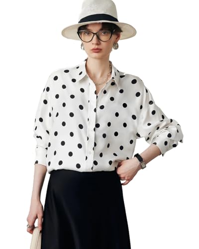 Women’s Polka Dot Silk Blouse 100% Mulberry Silk Shirt Long Sleeve Lightweight Elegant Work Top - Main Image