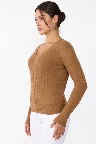 JENNIE LIU Women's 100% Cashmere Cable-Knit Long Sleeve Pullover V Neck Sweater2