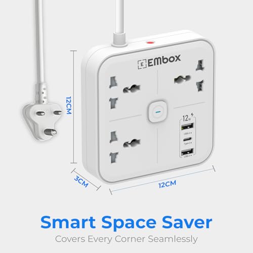 Image of Embox Extension Board with 5 Meter Cable | USB Ports 2 QC 1 PD and 3 Universal Sockets | Extension Cord with Overload Protector | 2500W Extension Board with Switches Safety Shutter LED Indicator