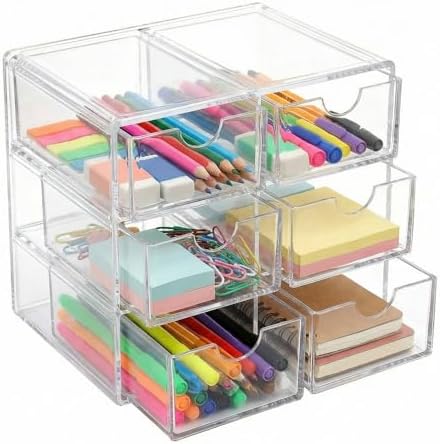 Organizador de gaveta de acrílico, caixa de armazenamento empilhável para papelaria, cosméticos, joias e materiais de escritório, organizador de mesa transparente à prova de poeira com acessórios