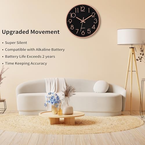 Image of Foxtop Modern Decorative Wall Clock, Silent Non-Ticking Quality Quartz Battery Operated Round Easy to Read for Home Office School (Rose Gold Plastic Frame, Black Dial, Arabic Numbers)