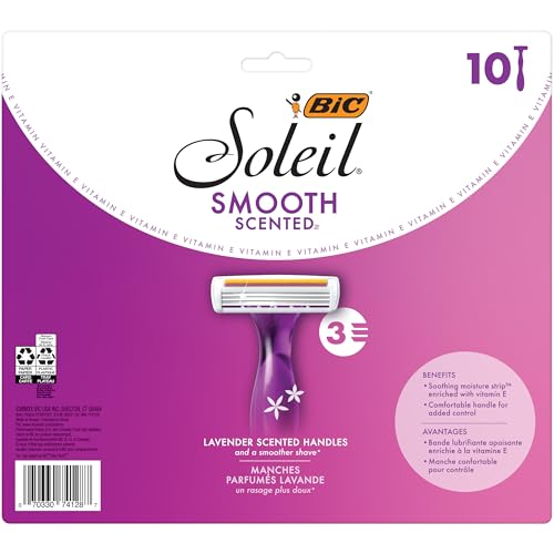 BIC Soleil Smooth Scented Women's Disposable 3 Blade Razors, Lavender Scented Handles and Soothing Moisture Strip, 10-Pack
